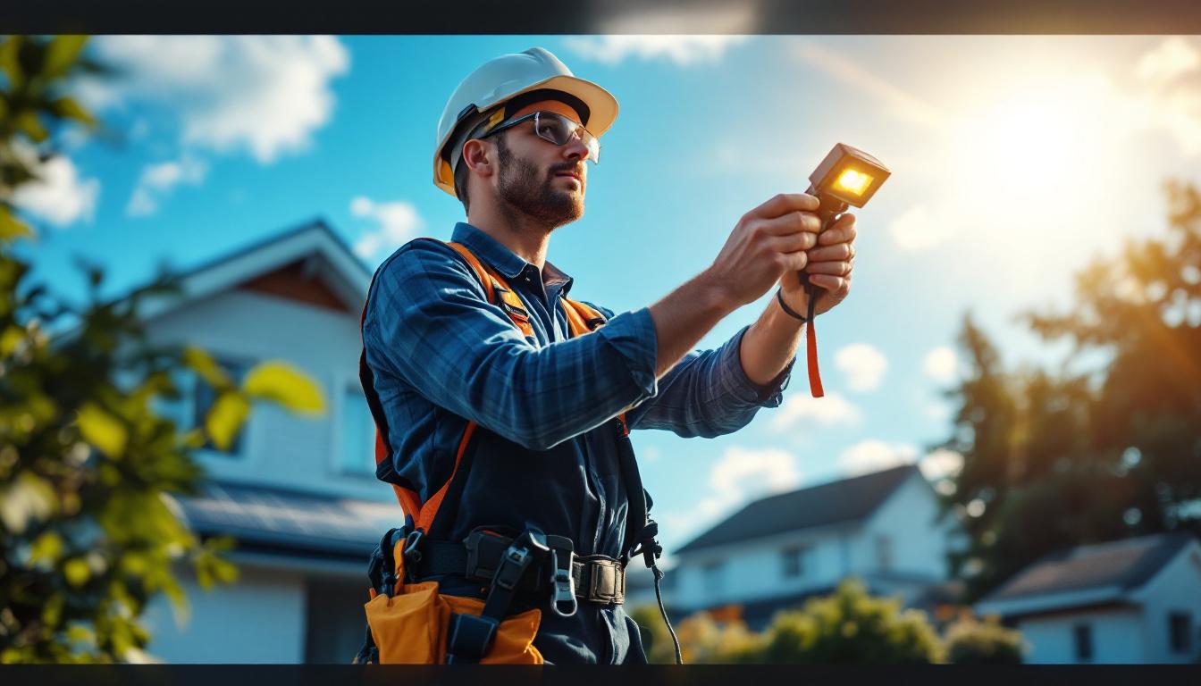A photograph of a lighting contractor installing solar-powered headlights on a residential or commercial property