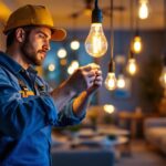 A photograph of a lighting contractor expertly installing led bulbs in a modern residential setting