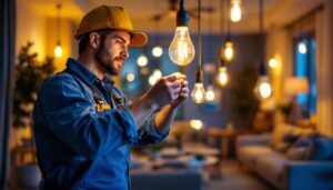 A photograph of a lighting contractor expertly installing led bulbs in a modern residential setting
