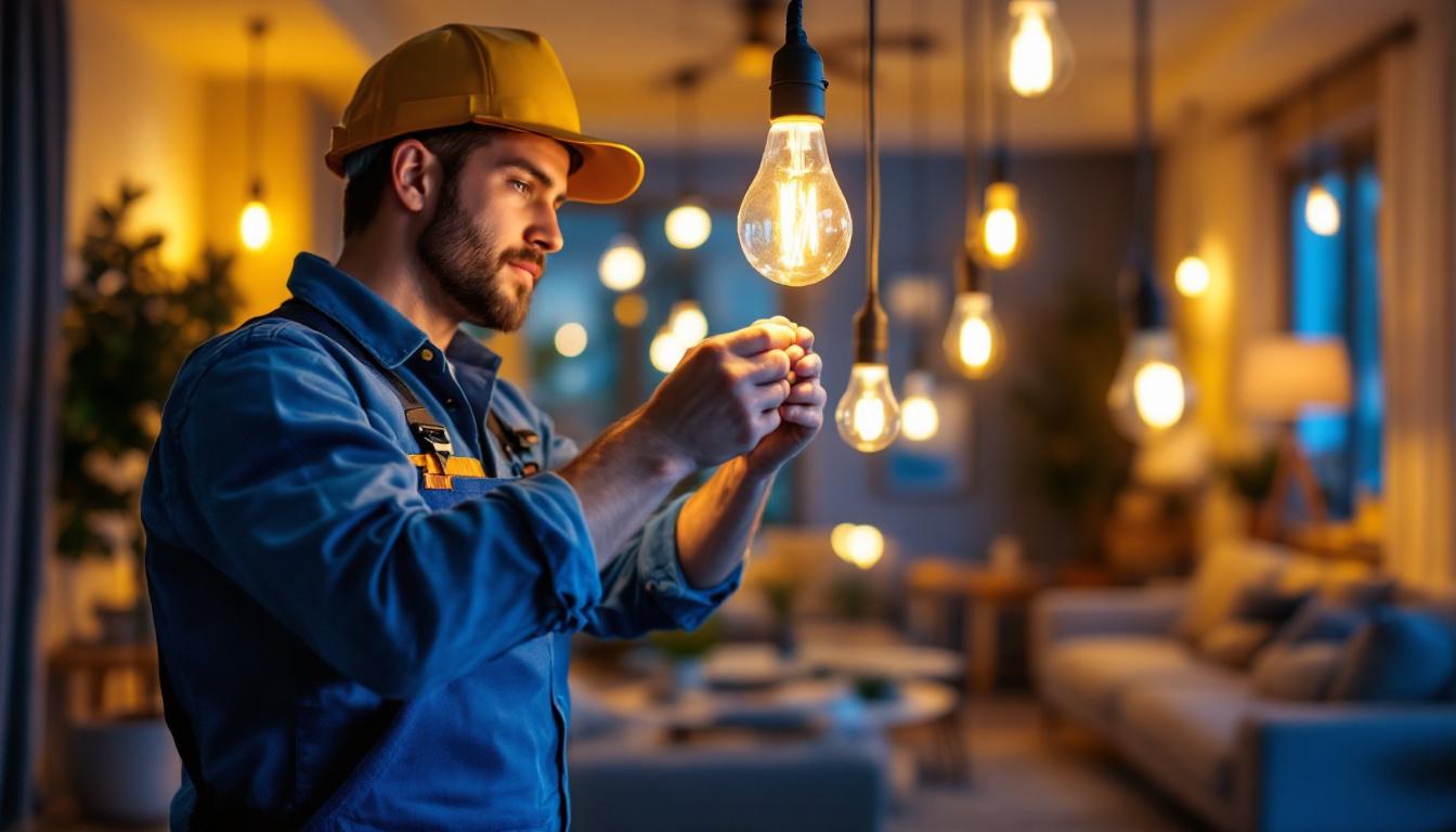 A photograph of a lighting contractor expertly installing led bulbs in a modern residential setting