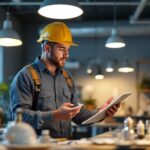 A photograph of a lighting contractor examining various light fixtures and their lumen outputs in a well-lit workspace