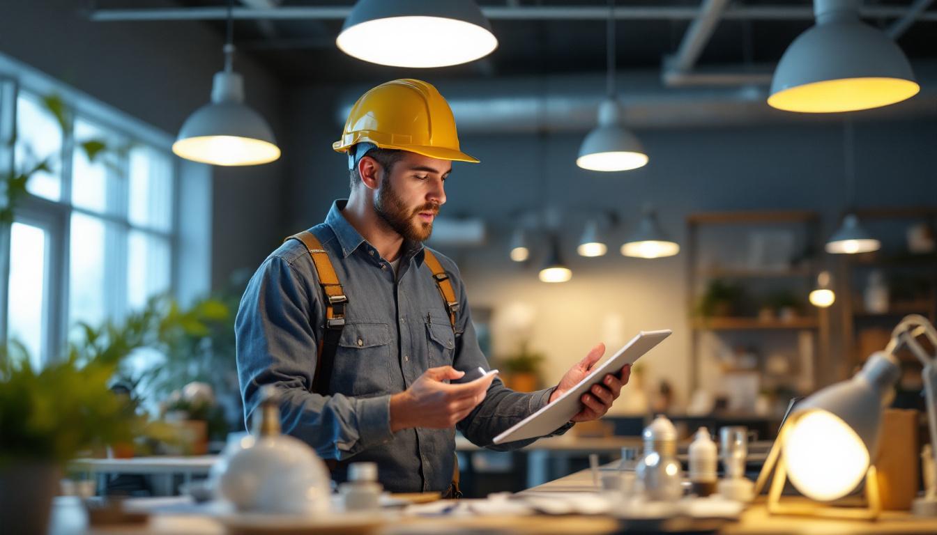 A photograph of a lighting contractor examining various light fixtures and their lumen outputs in a well-lit workspace