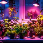 A photograph of a vibrant indoor garden illuminated by various types of horticultural lighting