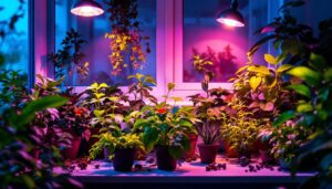 A photograph of a vibrant indoor garden illuminated by various types of horticultural lighting