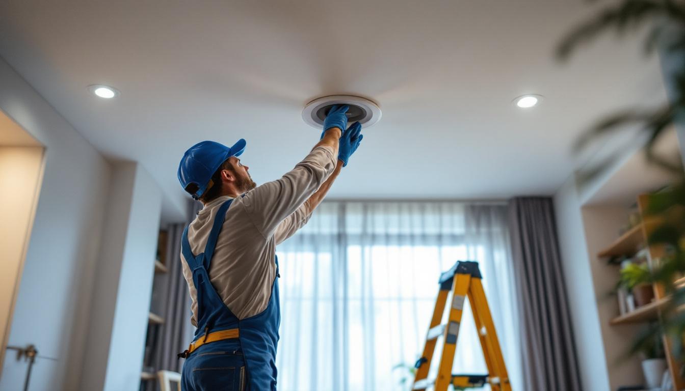A photograph of a lighting contractor installing recessed led retrofits in a modern home setting