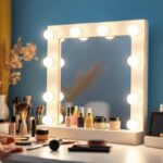 A photograph of a well-lit makeup station featuring a vanity mirror with soft