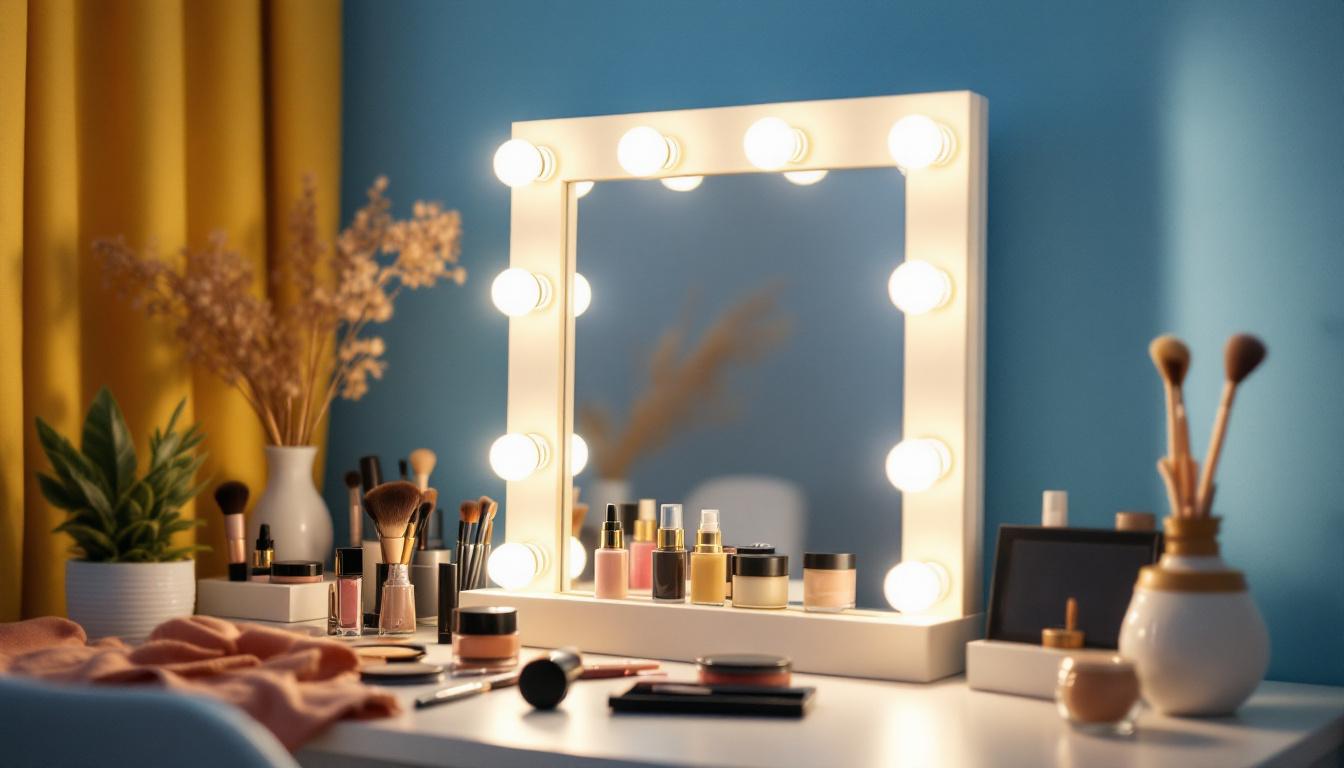 A photograph of a well-lit makeup station featuring a vanity mirror with soft