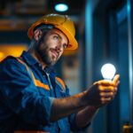 A photograph of a lighting contractor inspecting or installing 2-foot led light bulbs in a commercial or residential setting