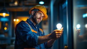 A photograph of a lighting contractor inspecting or installing 2-foot led light bulbs in a commercial or residential setting