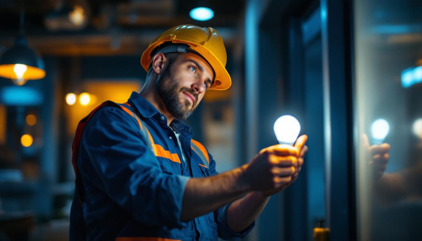 A photograph of a lighting contractor inspecting or installing 2-foot led light bulbs in a commercial or residential setting