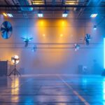 A photograph of a spacious warehouse interior showcasing a combination of strategically placed fans and innovative lighting designs