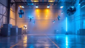 A photograph of a spacious warehouse interior showcasing a combination of strategically placed fans and innovative lighting designs