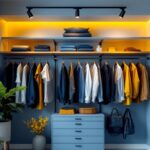 A photograph of a beautifully designed closet featuring modern track lighting that highlights clothing and accessories