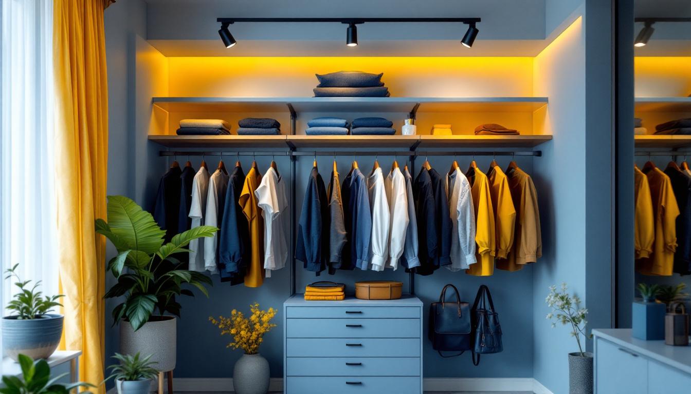 A photograph of a beautifully designed closet featuring modern track lighting that highlights clothing and accessories