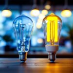 A photograph of a side-by-side comparison of led and fluorescent light bulbs