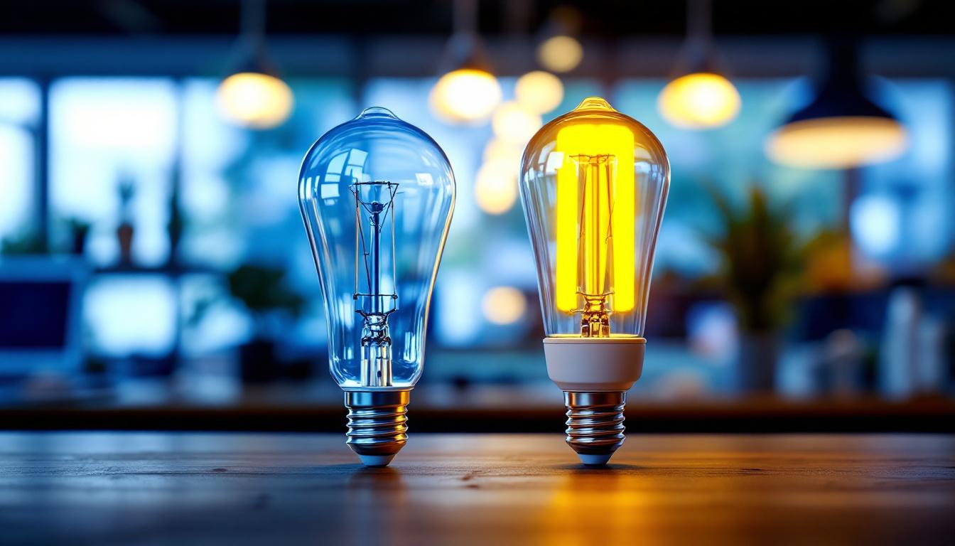A photograph of a side-by-side comparison of led and fluorescent light bulbs