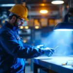 A photograph of a lighting contractor using the haloclean uv lamp in a workspace