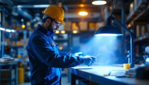 A photograph of a lighting contractor using the haloclean uv lamp in a workspace