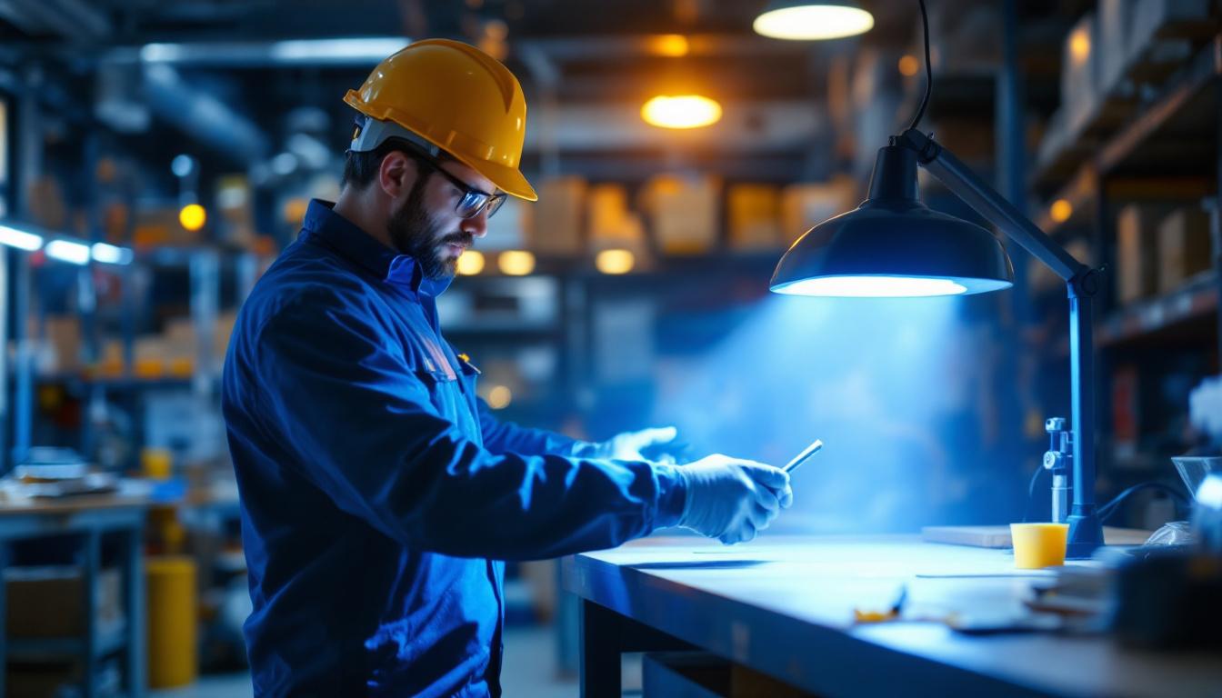 A photograph of a lighting contractor using the haloclean uv lamp in a workspace