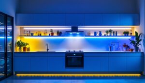 A photograph of a beautifully illuminated kitchen featuring vibrant led strip lighting under cabinets and along shelves