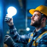 A photograph of a lighting contractor installing or handling 2ft led bulbs in a well-lit environment