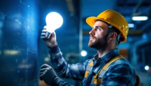 A photograph of a lighting contractor installing or handling 2ft led bulbs in a well-lit environment