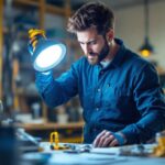 A photograph of a lighting contractor installing or examining a 4000k led lamp in a well-lit workspace