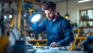 A photograph of a lighting contractor installing or examining a 4000k led lamp in a well-lit workspace