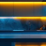 A photograph of a modern kitchen featuring sleek under-cabinet lighting that highlights the countertops and enhances the overall ambiance