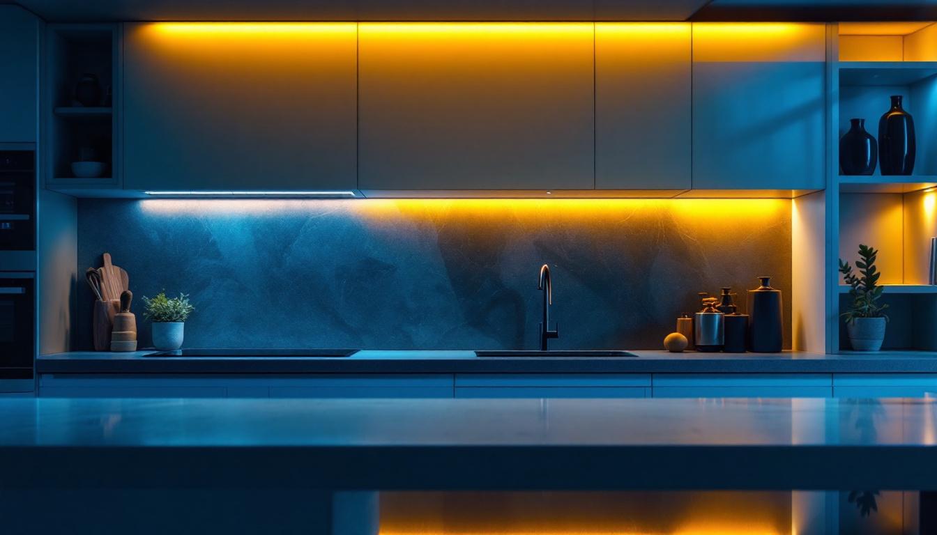 A photograph of a modern kitchen featuring sleek under-cabinet lighting that highlights the countertops and enhances the overall ambiance