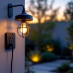 A photograph of a beautifully designed outdoor light fixture with an integrated power outlet
