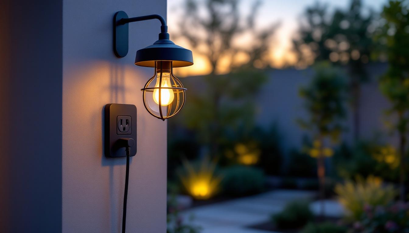 A photograph of a beautifully designed outdoor light fixture with an integrated power outlet