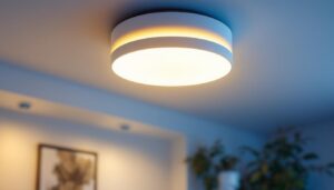 A photograph of a modern ceiling light cylinder installation in a stylish interior setting