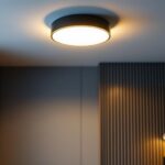 A photograph of a stylish flush mount ceiling lamp installed in a modern interior setting