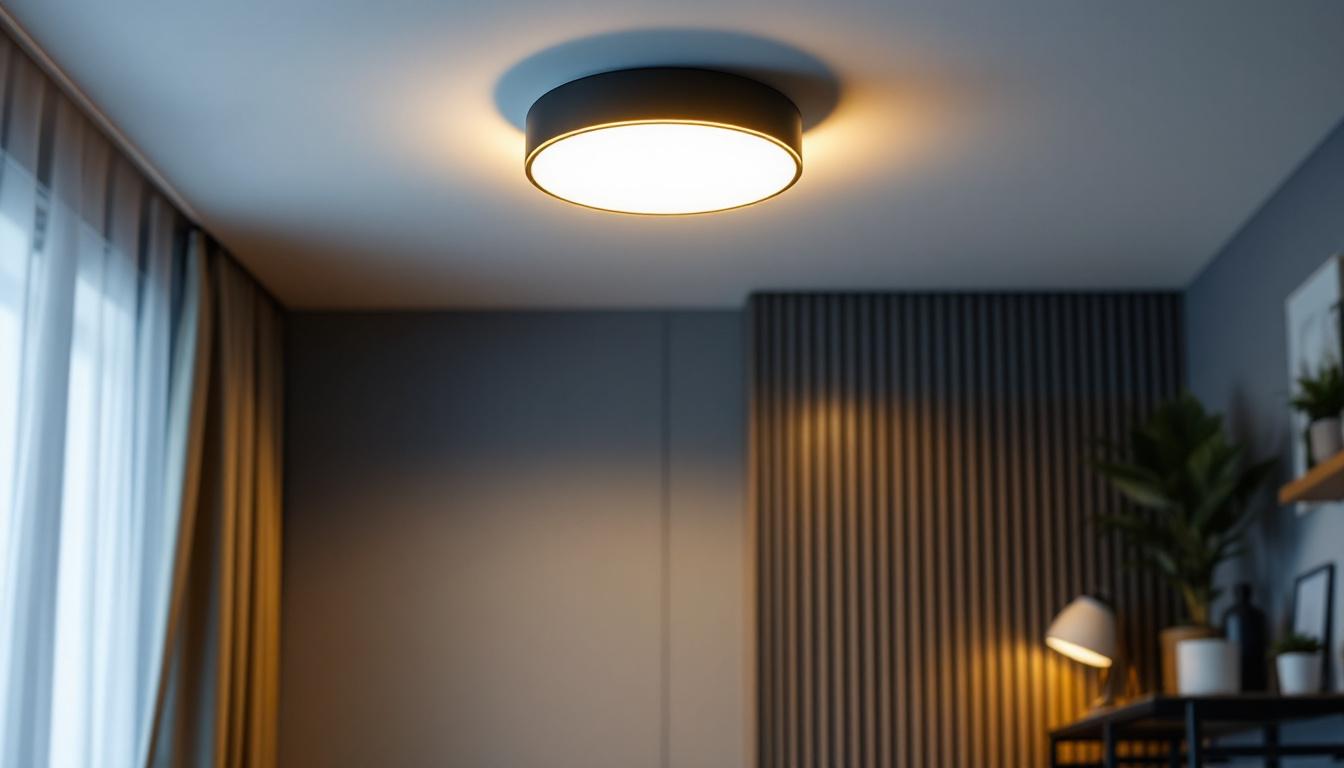 A photograph of a stylish flush mount ceiling lamp installed in a modern interior setting