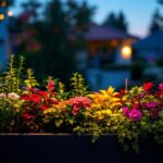 A photograph of a beautifully arranged planter illuminated by solar lights during twilight