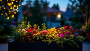 A photograph of a beautifully arranged planter illuminated by solar lights during twilight