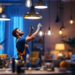 A photograph of a skilled lighting contractor in action