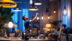 A photograph of a skilled lighting contractor in action
