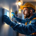 A photograph of a lighting contractor installing a switch dimmer in a modern residential setting