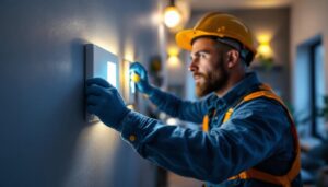 A photograph of a lighting contractor installing a switch dimmer in a modern residential setting