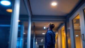 A photograph of a well-lit commercial space featuring recessed emergency lights with battery backup in action