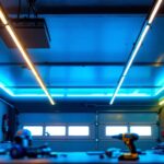A photograph of a well-lit garage ceiling featuring vibrant led strip lights