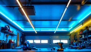 A photograph of a well-lit garage ceiling featuring vibrant led strip lights