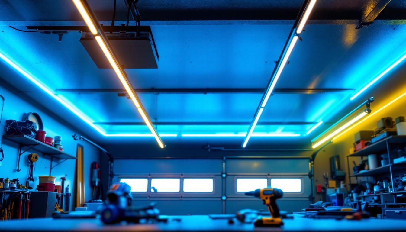 A photograph of a well-lit garage ceiling featuring vibrant led strip lights