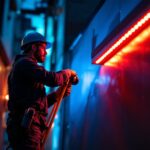 A photograph of a lighting contractor skillfully installing red led flood lights on a commercial building at dusk