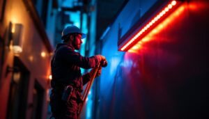 A photograph of a lighting contractor skillfully installing red led flood lights on a commercial building at dusk