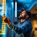 A photograph of a skilled lighting contractor expertly installing led strip lights in a modern interior space