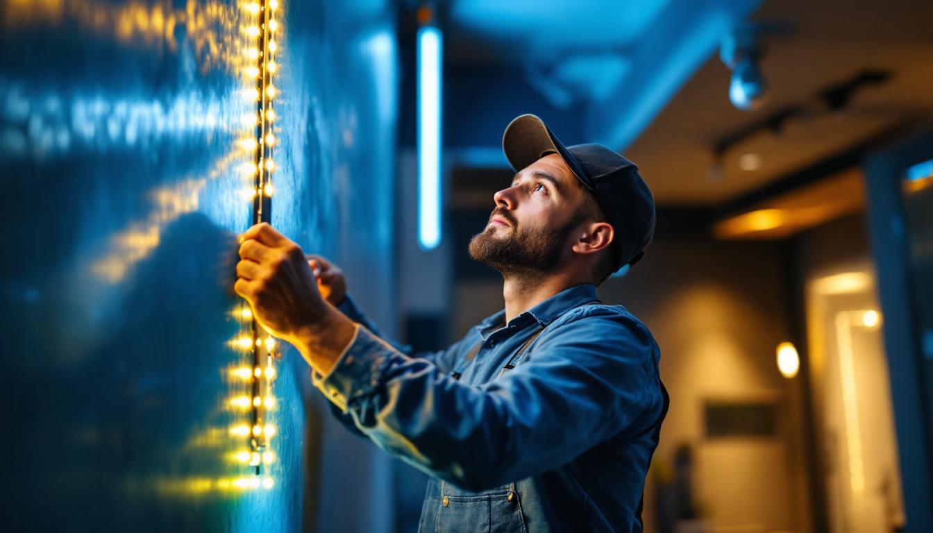 A photograph of a skilled lighting contractor expertly installing led strip lights in a modern interior space