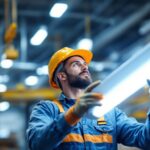 A photograph of a lighting contractor installing or showcasing a linear fluorescent lamp in a commercial or industrial setting